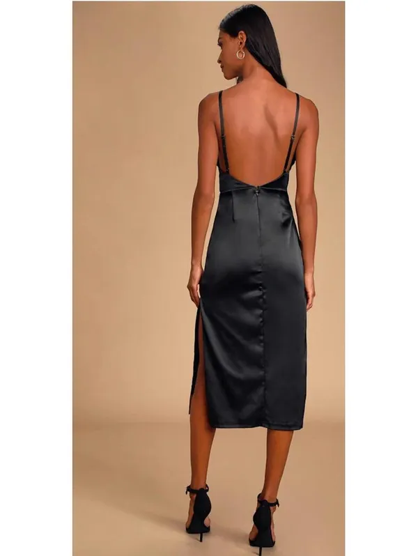 NWT Lulu's Kaisley navy Blue Satin Backless Midi Dress Medium - Image 3