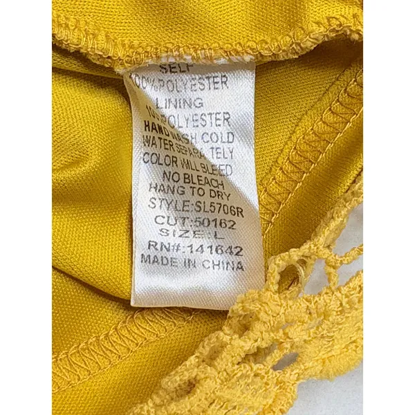 She + Sky‎ Crochet Mini Dress Large Mustard Yellow Floral Lace Shift Boho Retro - Image 8