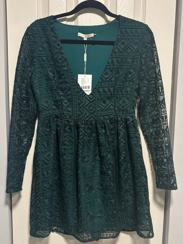 NWT Urban Outfitters Little White Lies Green Lace V-Neck Babydoll Mini Dress - Image 2