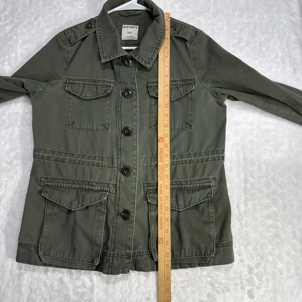 Old Navy Womens S Utility Jean Jacket Army Green Pockets Long Sleeve Grunge Y2K - Image 7