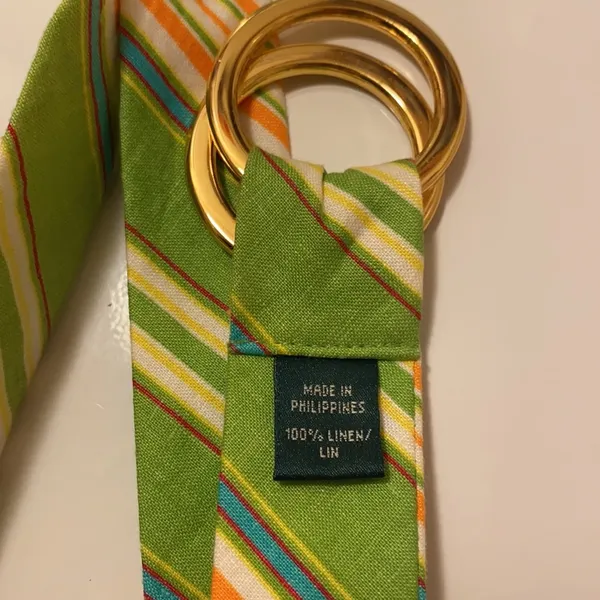 Vintage Y2K Ralph Ralph Lauren green striped linen double ring belt, size large - Image 4