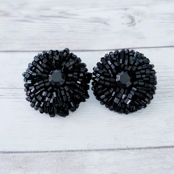Vintage Clip On Earrings Large Black 1.25" Beaded Circle - One Damaged - Image 2