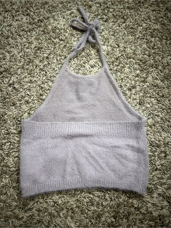 Pretty Garbage Fuzzy Soft Knit Halter Crop Top in Pale Mauve Sz S - Image 2