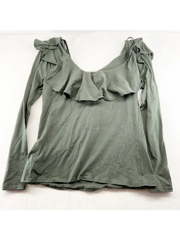 Anthropologie falisi ruffled top blouse cotton green off shoulder SZ L bust 32 - Image 6