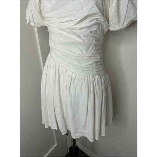 Charming Off-White/Cream Ruched Mini Dress – Puff Sleeves & Smocked Back small - Image 9