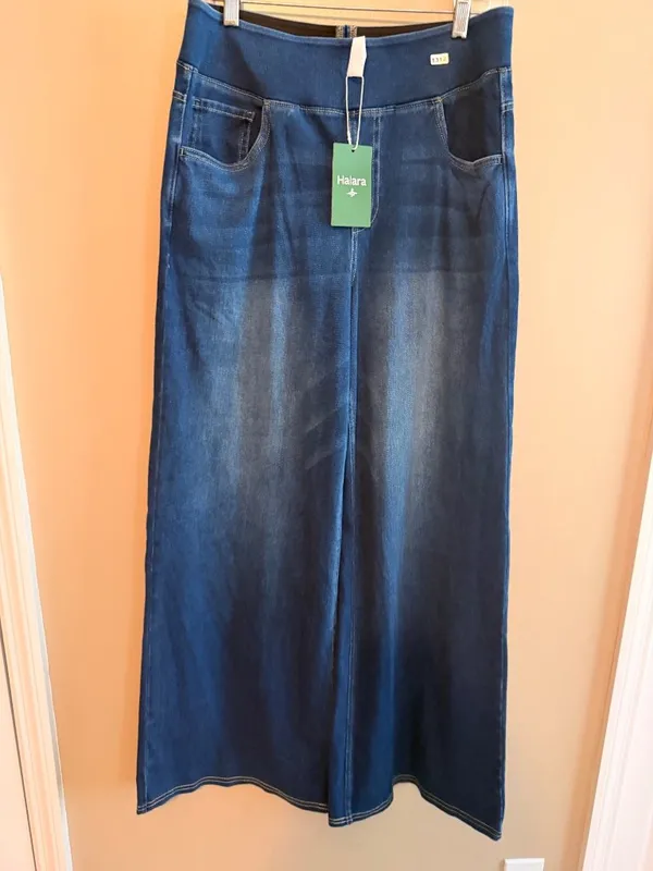 Halara L Denim Wide-Leg Pants Stretch Waist Large Blue Cotton Blend - Image 4