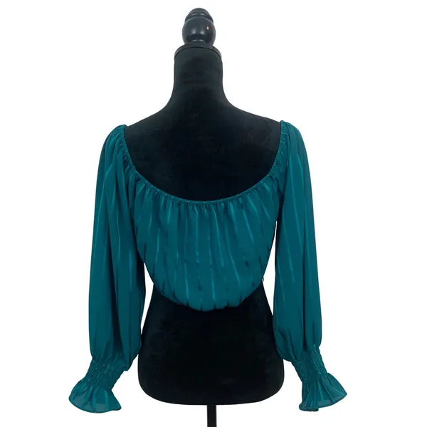 Dark Green Women's L Satin Stripe Crop Top Long Smocked Sleeve Sweetheart Blouse - Image 2