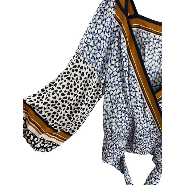 Maeve by Anthropologie Wrap Blouse Blue White Black Print‎ Smocked Waist XS - Image 6