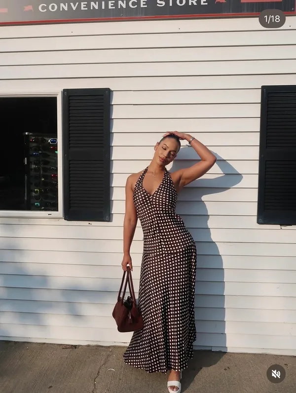Zara Elegant Brown and White Polka Dot Halter maxi flowy Dress - Image 5