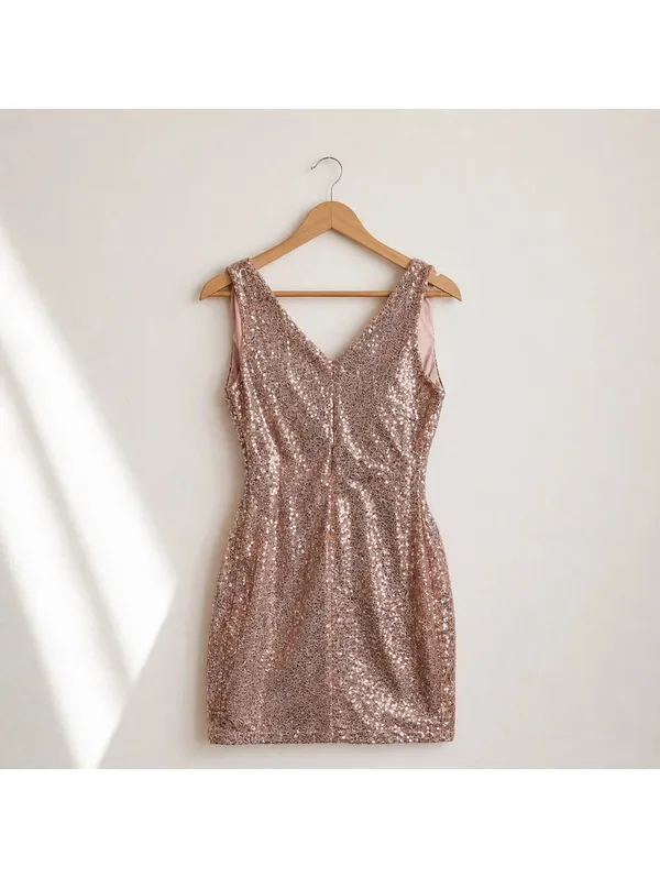 Sujan Rose Gold Sequin Cocktail Party Dress V-Neck Sleeveless NWT Small - Image 2
