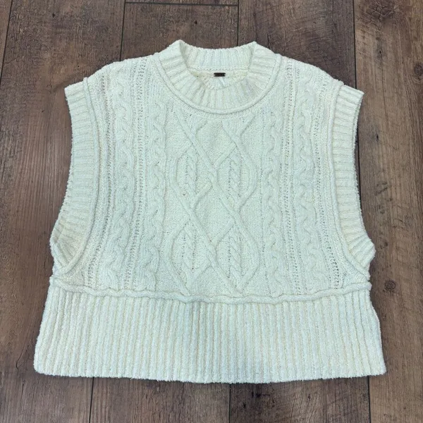 Free People Ivory Knit Rowan Sleeveless Sweater Vest Womens Medium Boxy Boho $78 - Image 3