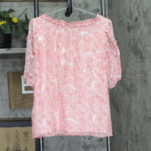 NEW Studio By JPR Floral-Print Sheer Puff Sleeve Blouse Top Shell Pink / White M - Image 3