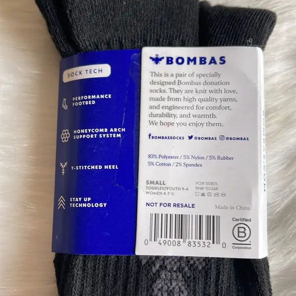 Bombas Women’s size 4-71/2/Youth Size 9-4 Solid Black Calf Socks NWT LAST PAIR - Image 4