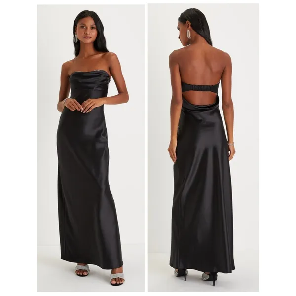 Lulus Exquisite Shine Black Satin Rhinestone Strapless Maxi Dress Size Small NWT - Image 2