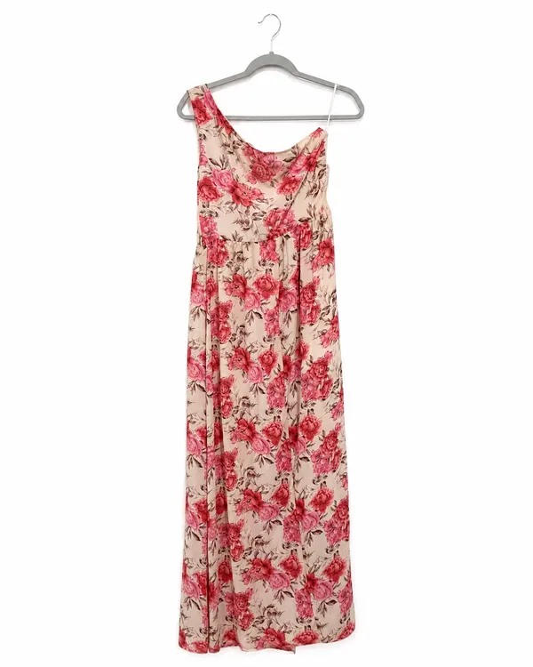 SHEIN One Shoulder Pink Floral Maxi Dress Size Medium - Image 4