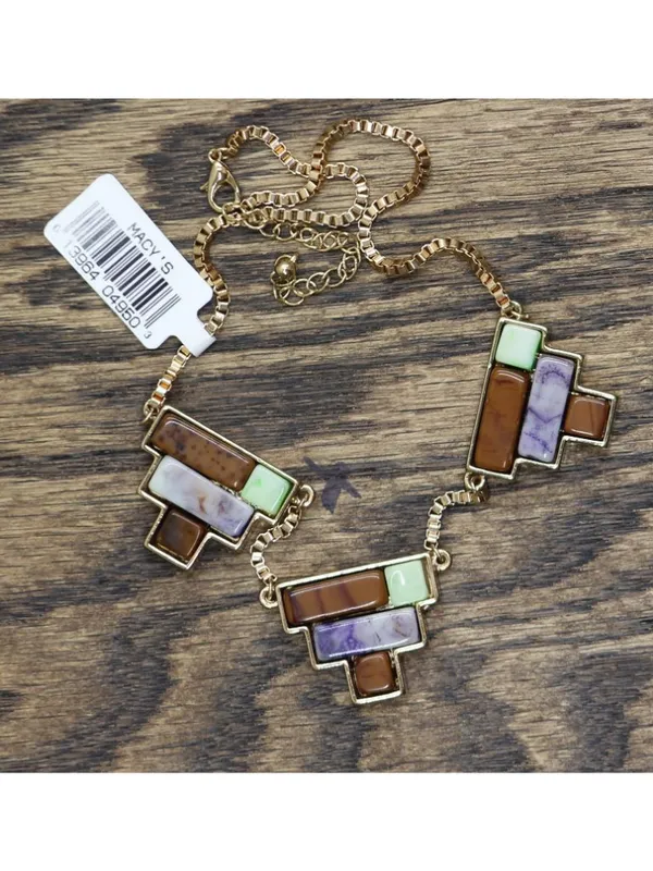 NWT Mcys Inlay Pyramid Pendant Art Deco Necklace Gold / Brown / Purple 16" + 3" - Image 2