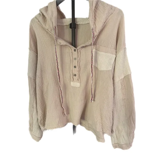 POL Beige Mixed Texture Cotton Hooded Henley Pullover Top‎ Size M - Image 2