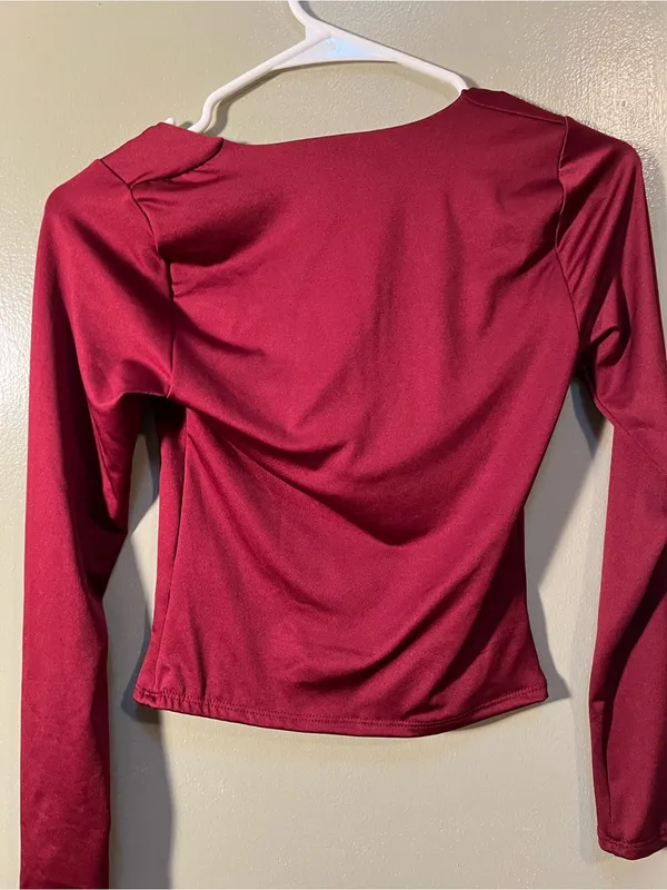 Gaze Women’s Sz XS Square Neck Long Sleeve Blouse Burgundy Cropped Sheen Stretch - Image 6