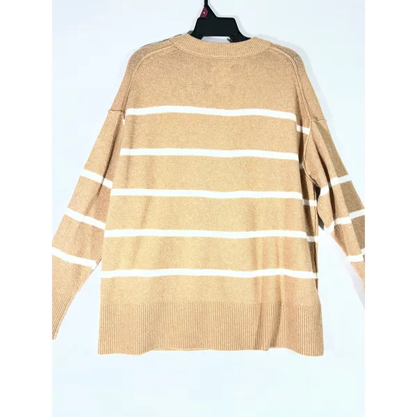 Aerie Oversized Sweater Women Sz M‎ Tan White Striped V Neck Relaxed Cozy Causal - Image 2