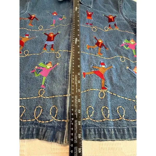 Embroidered Novelty Shacket Ice Skaters Denim Jacket Winter whimsical Teacher M - Image 6