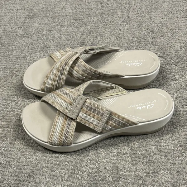 Clarks Arla Wave Slide Sandals Womens 9 Tan Beige Strappy Adjustable Slip On - Image 4