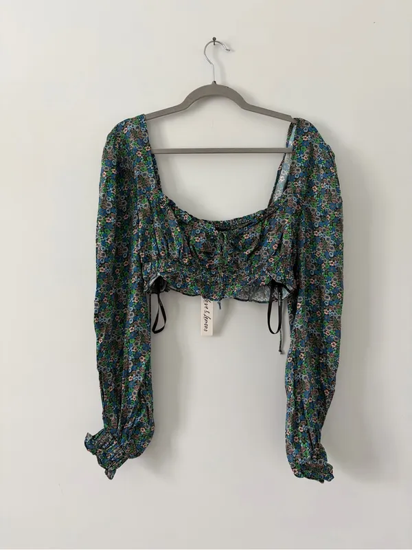 For Love And Lemons Alisa Blue Green Floral Sweetheart Long Sleeve Crop Top NWT - Image 2