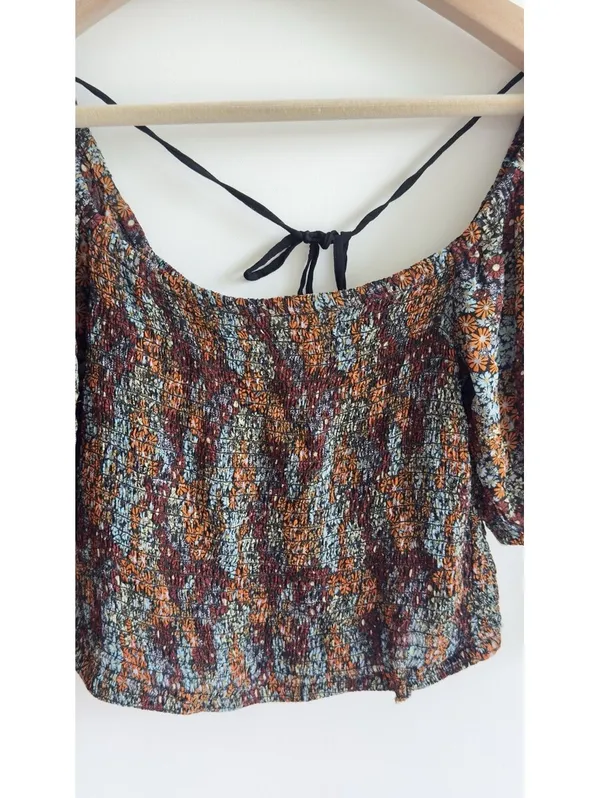 Free People Boho Smock Back On Top Multicolor Floral Puff Sleeve Crop Top Sz S - Image 5
