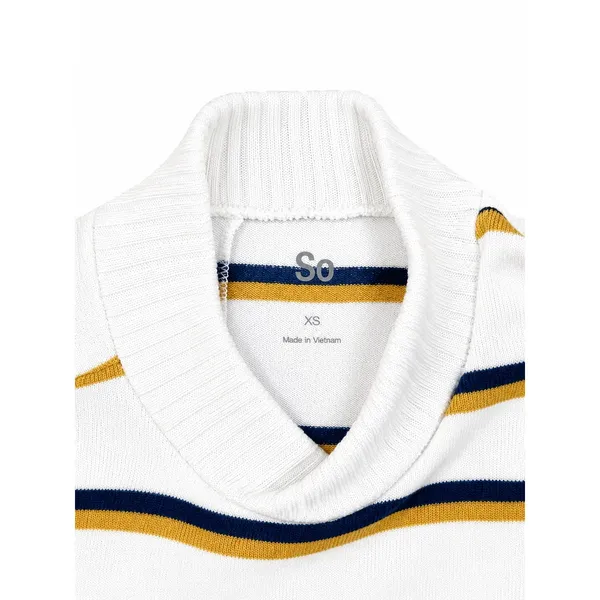 SO Women White Striped Mock Neck Cropped Knit Sweater Navy Mustard XS - Image 5