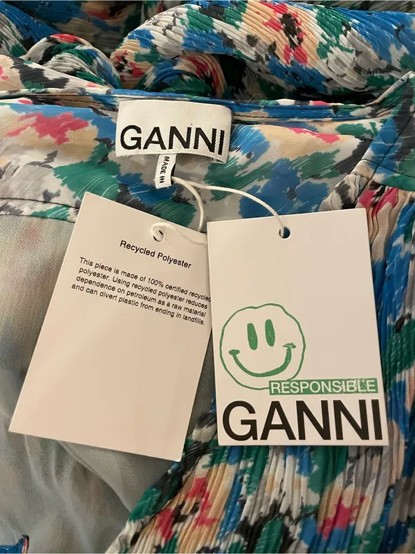 NWT Ganni Floral Pleated Georgette Blue V-Neck Puff Sleeve Midi Dress 40, Large - Image 8