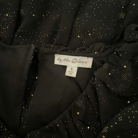 BY THE RIVER Chiffon Midi Dress Ruffled Black Gold Stars Party Glam Star Small‎ - Image 12
