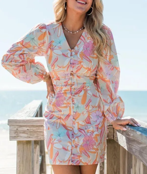 Pink Lily Pink and Orange Long Sleeve Sundress - Image 3