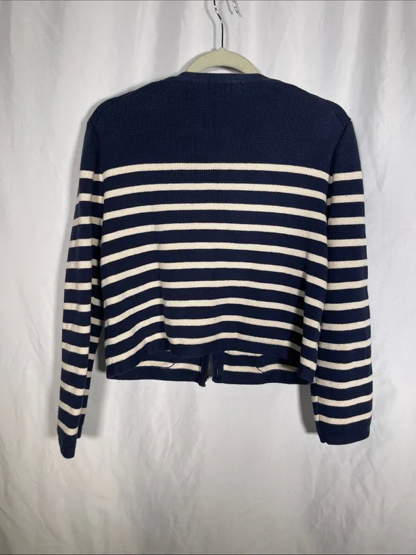 J. Crew Womens Emilie Cardigan Sweater Lady Jacket Navy Blue Stripes Large Bx482 - Image 6