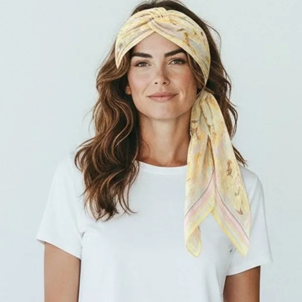 Pastel butter yellow silk scarf floral hair tie head bad accessory neck tie - Image 3