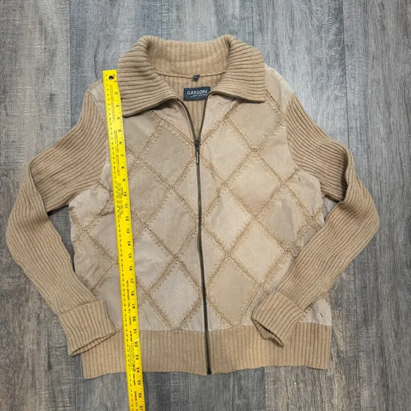 Rem‎ Garson Women's Tan Suede Leather Knit Zip Up Jacket Cardigan Festival Retro - Image 7