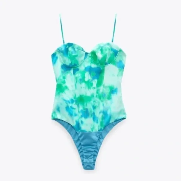 Blue/Green Watercolor Satin Effect Bustier Bodysuit - Image 3