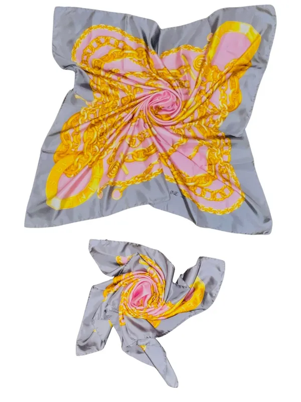 CELINE Paris Silk Scarf Pink Gold Chain Print Square - Image 6