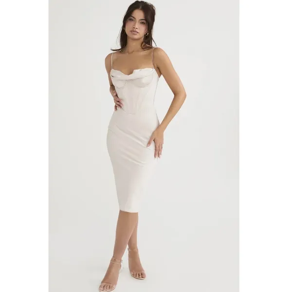 House of CB Myrna Crystal Satin Cowl Corset Sleeveless Midi Slip Dress Small - Image 3