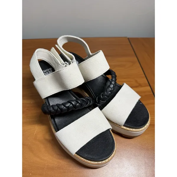 NEW SOREL Joanie IV Slingback Wedge Sandal Heel 7.5‎ Platform Cream Chalk Black - Image 3