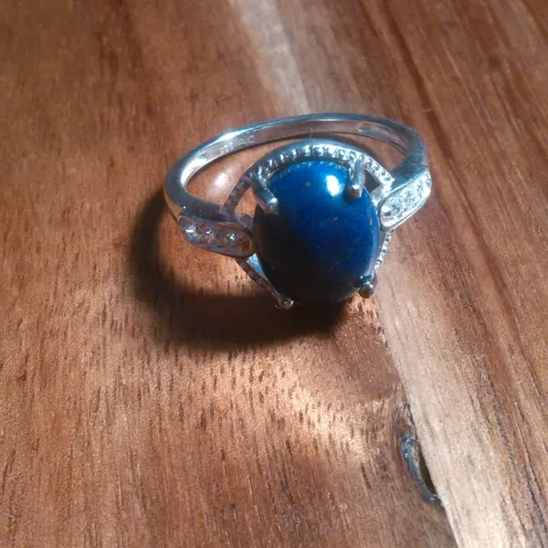 Lapis Lazuli and Simulated White Diamond Sterling Silver Ring (Size 8) - Image 13
