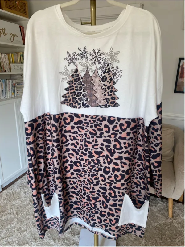 Christmas Tree Leopard Oversized Dress Sweatshirt XL Lounge Holiday Festive Boho - Image 2