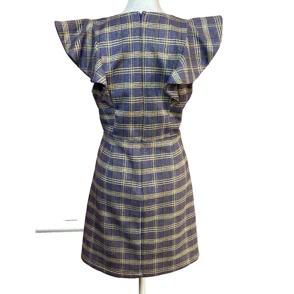 Altar'd State Size Medium Soft Dress Flutter Sleeves Stretch Plaid Blue‎ V Neck - Image 3