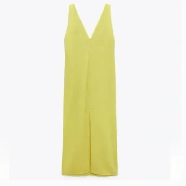NWOT Zara Center Ruched Detail V-Neck Wide Straps Yellow Midi Dress Small - Image 10