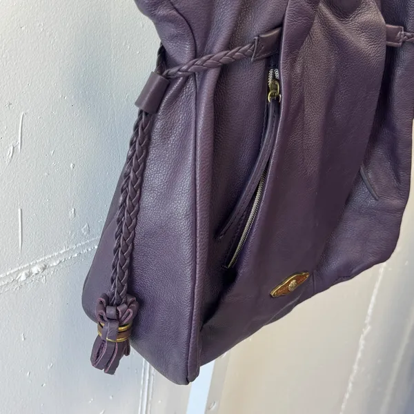 Elliott Lucca Sintra Purple Leather Hobo‎ Bag Braided Tassel Large Tote Purple - Image 4