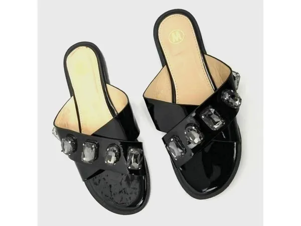 Womens Stone Jeweled Slip On Flat Slide Sandals Rhinestones Black Size 38 - Image 12