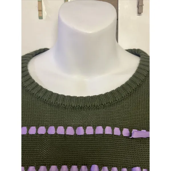 ModCloth Olive Green Knit Puff Short Sleeve Sweater Light Purple Ribbon- Medium - Image 7