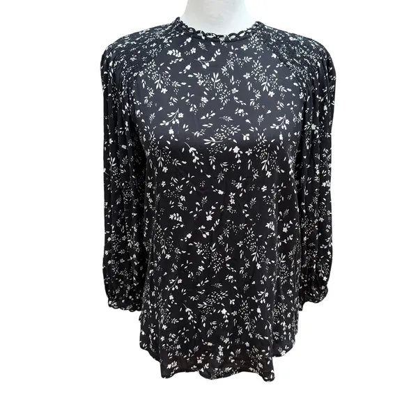 Joie Floral Blouse Women XS Black White Viscose Long Sleeve Keyhole Relaxed Top - Image 3