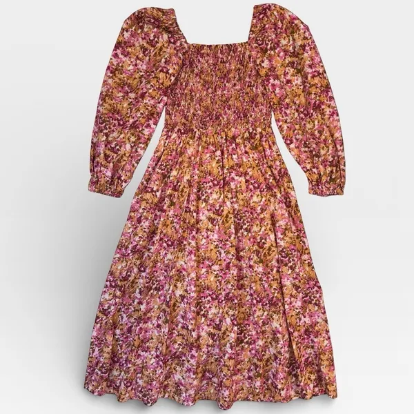 J.Crew Pink Floral Smocked Puff Sleeve Cotton Midi Dress XS Fit Flare - Image 2