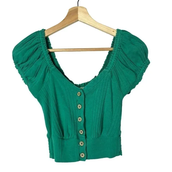 Free‎ People We the Free Brighter Days Green Button Front Short Sleeve Crop Top - Image 2