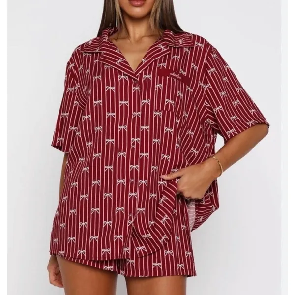 White Fox Shorts Pajamas Bow Print Personalized "Kat" Size S Burgundy Red - Image 7