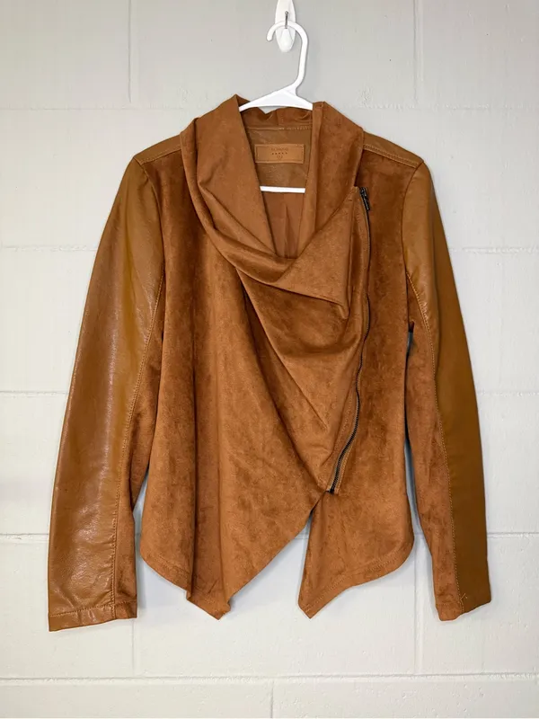 Blank NYC Suede & Leather Mixed Media Drape Front Jacket in Cognac Brown Size Sm - Image 4